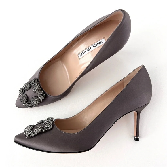 MANOLO BLAHNIK| Dark Gray Satin Hangisi Jewel
Buckle Rhinestone Pumps US 10 - Picture 2 of 14